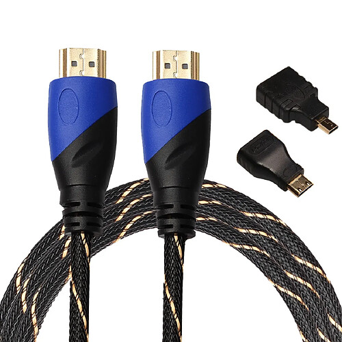 Wewoo Câble noir 1.8 m HDMI 1.4 Version 1080P tissé Net Ligne Bleu Tête HDMI Mâle à HDMI Audio Vidéo Connecteur Adaptateur avec Mini HDMI et Micro HDMI Set