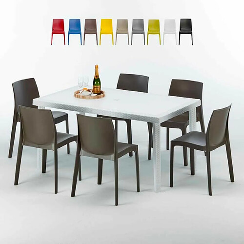 Table Rectangulaire Blanche 150x90cm Avec 6 Chaises Colorées Grand Soleil Set Extérieur Bar Café Rome Summerlife, Couleur: Marron