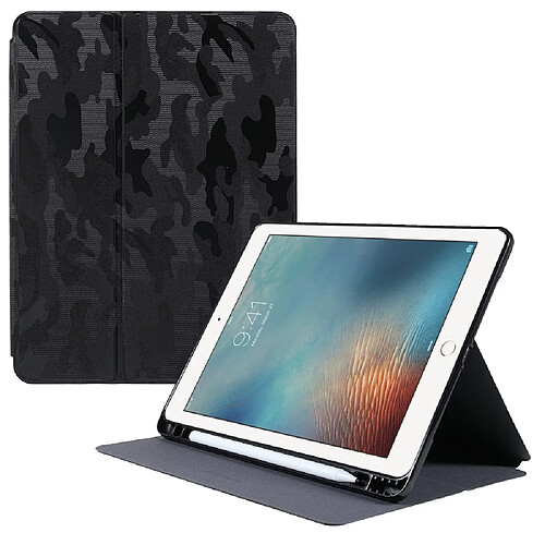 Etui en PU X-LEVEL motif camouflage, fonction réveil/veille automatique avec support et porte-crayon noir pour votre iPad 9.7-pouces (2017)/(2018)/Air (2013)/Air 2/Pro 9.7 pouces (2016)