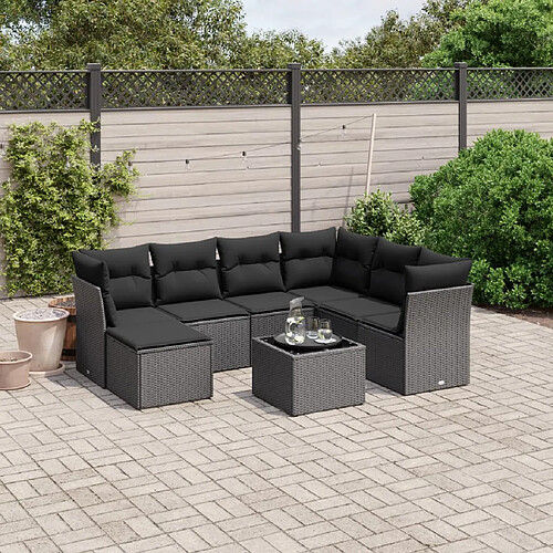 vidaXL Salon de jardin 8 pcs avec coussins noir résine tressée