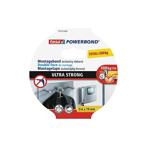 Double-face de montage Powerbond Ultra Strong 5 m x 19 mm - Tesa 55792-00001-00 (Par 10)