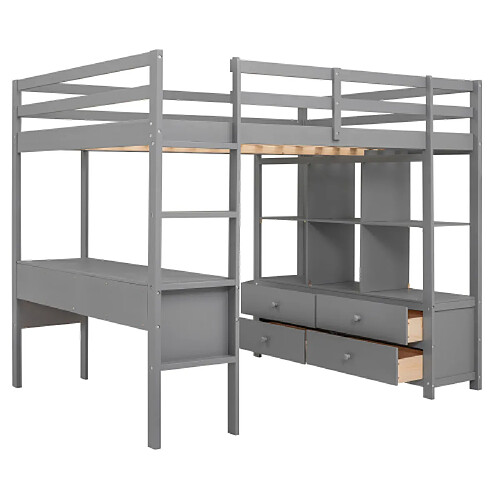 ComfortXL Lit Mezzanine 140 X 200cm Avec Tiroirs De Rangement Et Bureau Sous Le Lit, Gris