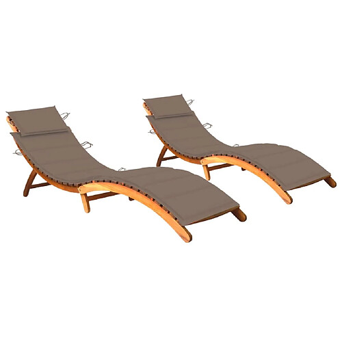 Helloshop26 Lot de 2 transats chaise longue bain de soleil lit de jardin terrasse meuble d'extérieur avec coussins bois d'acacia solide 02_0012056