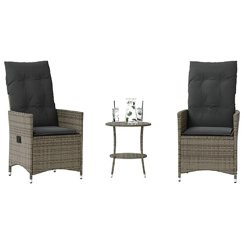 vidaXL Ensemble de bistro 3 pcs avec coussins gris résine tressée