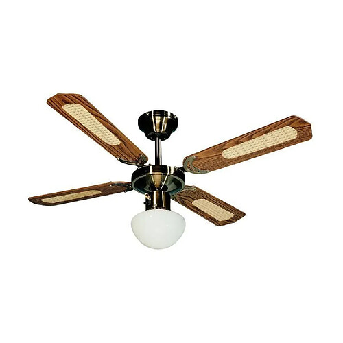 FARELEK - BALI O 107 cm - Ventilateur de plafond reversible Laiton Antique, 4 pales noyees / cannees noyer + eclairage