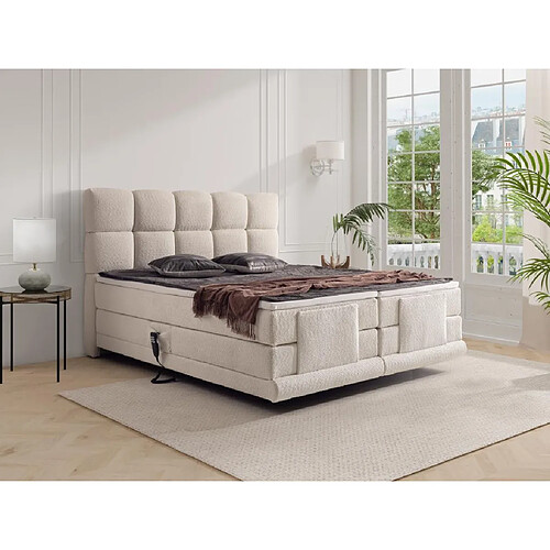 Vente-Unique Ensemble complet boxspring tête de lit + sommiers relaxation électrique + matelas + surmatelas - 2 x 90 x 200 cm - Tissu bouclette - Beige - OMILA de PALACIO