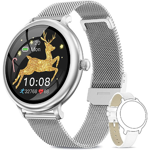 Chrono Montre Connectée dames pour Android iOS, IP68 avec moniteur de sommeil, moniteur de fréquence cardiaque, podomètre, compteur de calories,Argent