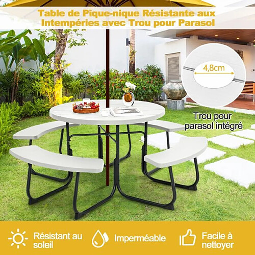 Helloshop26 Ensemble table de pique-nique avec 4 bancs intégrés ensemble de jardin table de pique-nique circulaire 135 kg trou pour parasol 190 x 76 cm blanc 20_0008515