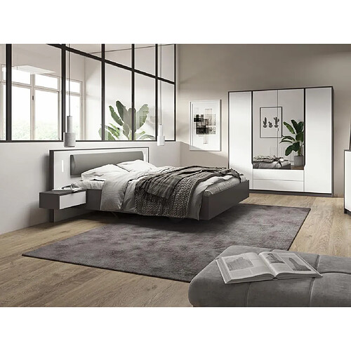 Vente-Unique Lit avec chevets suspendus 160 x 200 cm - Avec LEDs - Gris et blanc - SEGOLA