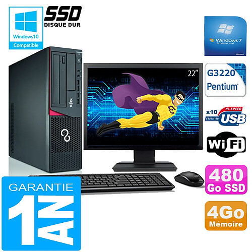 PC Fujitsu Esprimo E720 E85+ SFF G3220 4Go Disque 480 Go SSD Wifi W7 Ecran 22" · Occasion