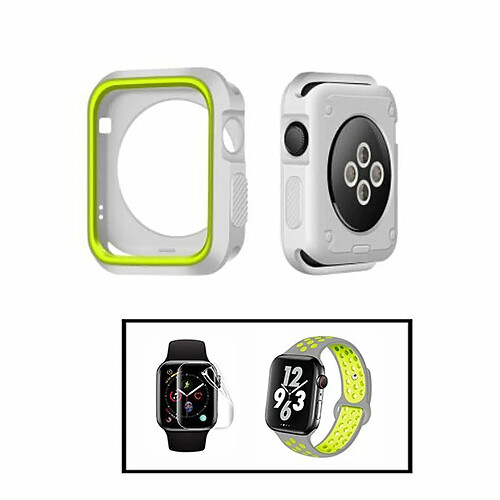 PHONECARE Kit Coque Military DoubleColor + Bracelet Bicolore SportStyle + Film de Hydrogel pour Apple Watch Series 5 - 40mm - Gris / Vert fluorescent