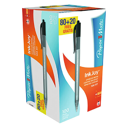 Paper Mate Stylo bille Papermate Inkjoy 100 rétractable noir - Lot de 100 dont 20 gratuits