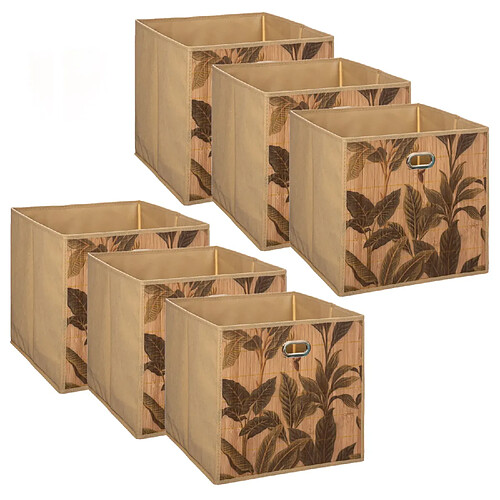 Toilinux Lot de 6 Boîtes de rangement imprimé tropical en bambou et tissu - Marron