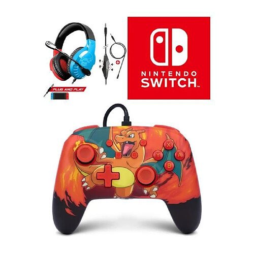 Power A Manette filaire SWITCH Pokémon Charizard Vortex Officielle Nintendo avec Câble USB détachable+ CASQUE SWITCH ROUGE ET BLEU