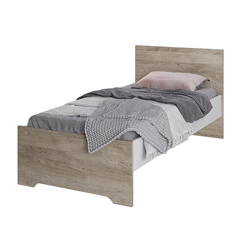 Pegane Lit enfant simple en mélamine coloris blanc/chêne - Longueur 99,2 x Profondeur 206,3 x Hauteur 90 cm