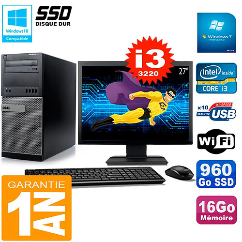 PC Tour DELL 7010 Ecran 27" Core I3-3220 RAM 16Go Disque 960 Go SSD Wifi W7 · Occasion