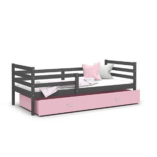 Kids Literie Lit Enfant Milo 90x190 Gris - rose Livré avec sommiers, tiroir et matelas en mousse de 7cm