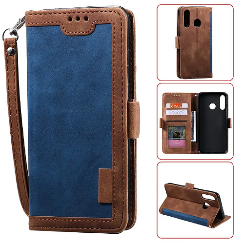 Etui en PU conception d'épissage vintage avec support bleu pour votre Huawei Y7 (2019)