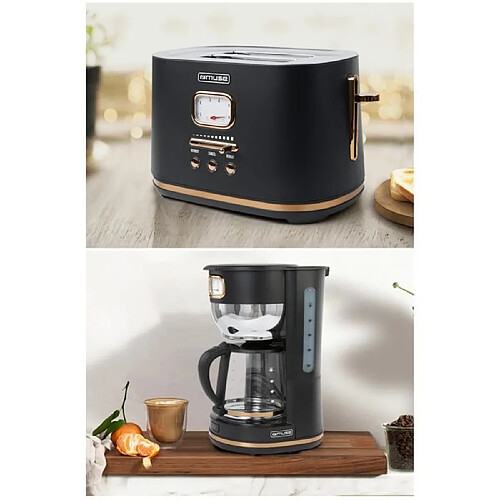 Muse PACK CAFETIERE RETRO VINTAGE 10 TASSES 1000W SANS FIL NOIRE DORE + GRILLE-PAIN NOIRE DORE 1800W 2 FENTES