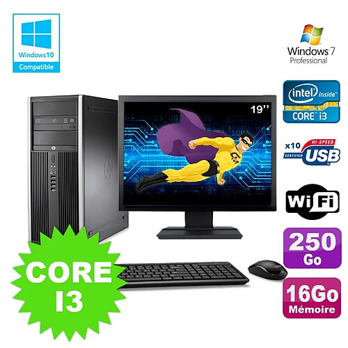 Lot PC Tour HP 8200 Core I3-2120 16Go 250Go Graveur WIFI W7 + Ecran 19 · Occasion