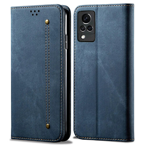 Etui en PU Texture de tissu de jeans avec support bleu pour votre Vivo V21 4G/5G