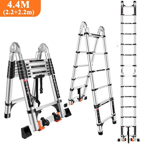 4.4M Échelle Télescopique en Aluminium Pliante avec 2 Roulettes (2,2M + 2,2M)