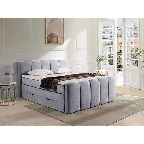 Vente-Unique Ensemble complet boxspring tête de lit capitonnée + sommiers coffre + matelas + surmatelas - 160 x 200 cm - Tissu - Gris clair - VERONE II de PALACIO