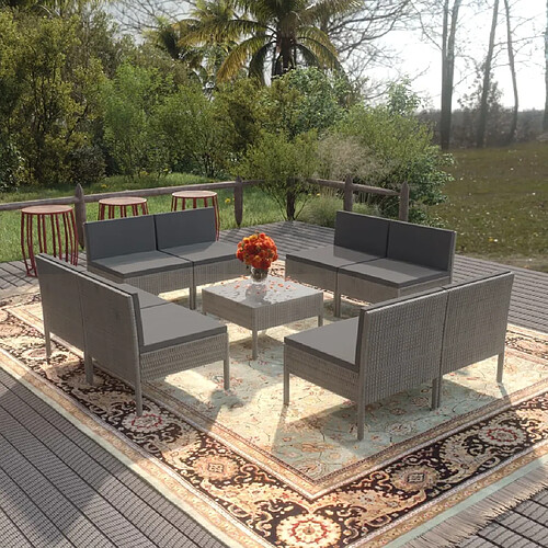 vidaXL Salon de jardin 9 pcs avec coussins Résine tressée Gris