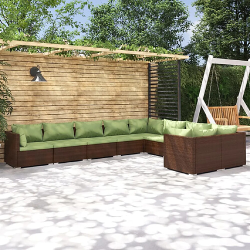 vidaXL Salon de jardin 9 pcs avec coussins Résine tressée Marron