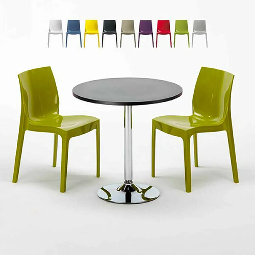 Grand Soleil Table Ronde Noir et 2 Chaises Colorées P