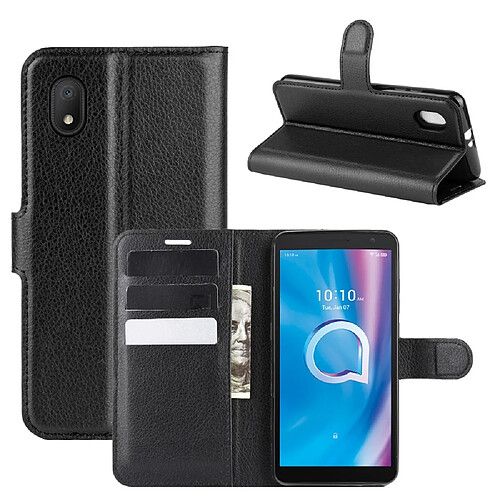 Etui en PU peau de litchi magnétique avec support noir pour votre Alcatel 1B (2020)