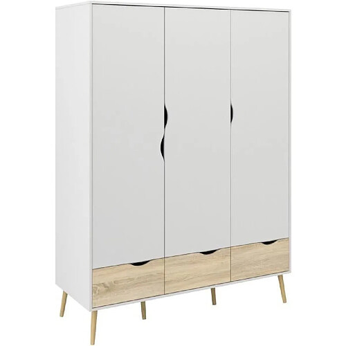 Cstore Armoire - Blanc / Chene - 3 portes / 3 tiroirs - Pietement évasé en bois massif - Chambre - 147,2 x 58,1 x 200,1 cm