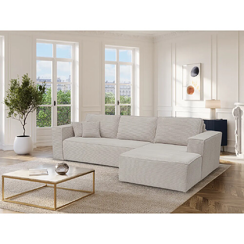 Vente-Unique Canapé angle droit convertible express velours côtelé beige - Couchage 140 cm - Matelas 14 cm AMELIA II