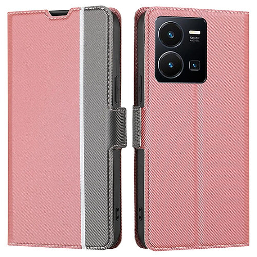 Etui en PU texture sergée, ultra-mince avec support et porte-cartes pour votre Vivo Y35 4G (2022)/Y22s 4G/Y22 4G - rose