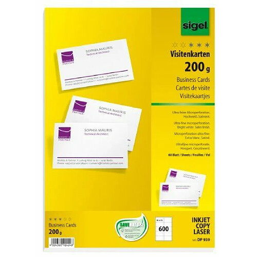 Sigel DP939 Pack de 600 Cartes de visite 85 x 55 mm Extra Blanc