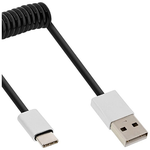 Câble spiralé InLine® USB 2.0, fiche de type C à fiche A, noir / alu, flexible, 1 m