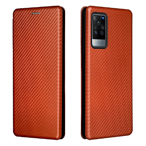 Coque en TPU + PU fibre de carbone, magnétique avec porte-carte orange pour votre Vivo X60 Pro 5G (Global)/X60 5G (Curved Screen Version)