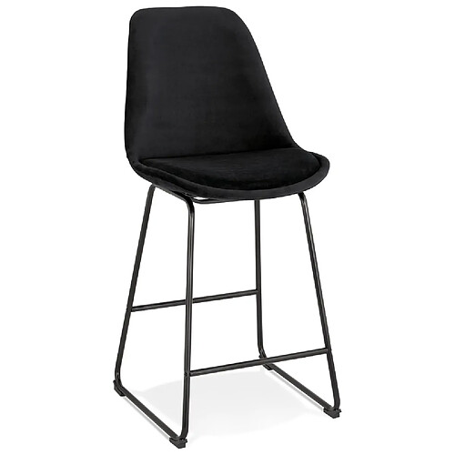 Alterego Tabouret snack mi-hauteur 'BULLY MINI' en velours noir et pieds en métal noir