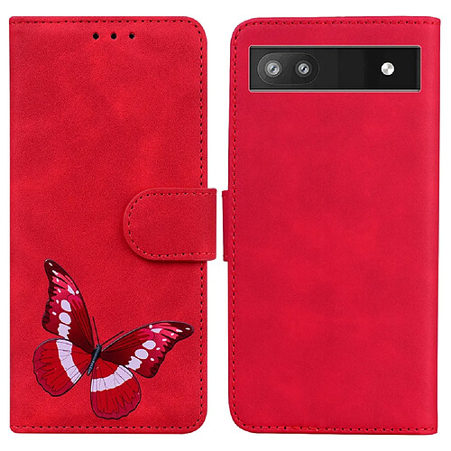 Etui en PU fermeture magnétique, anti-rayures, motif papillon avec support, rouge pour votre Google Pixel 6a