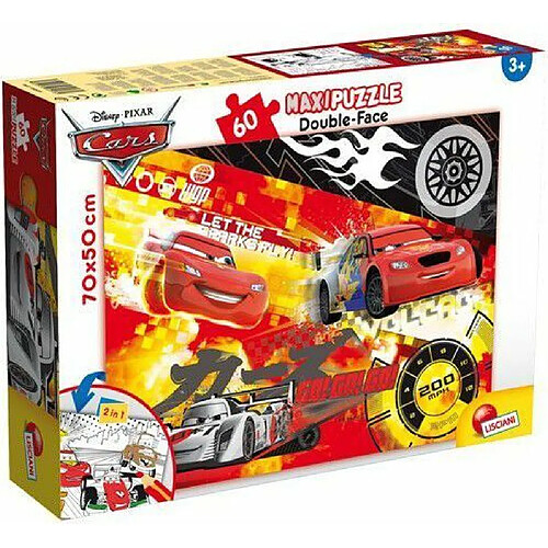 Lisciani, Maxi Puzzle pour enfants à partir de 4 ans, 60 pièces, 2 en 1 Double Face Recto / Verso avec le dos à colorier - Disney Cars 48236