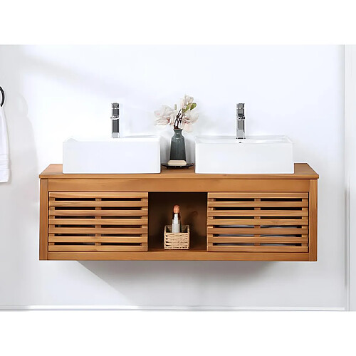 Vente-Unique Meuble de salle de bain suspendu en bois d'acacia avec double vasque - 130 cm - PENEBEL