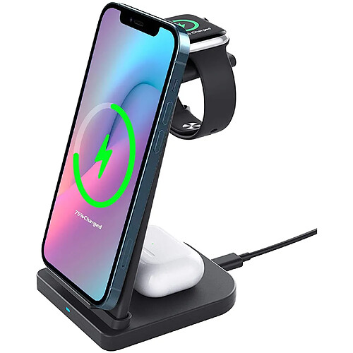 Chrono Station de charge sans fil 3 en 1, support de chargeur sans fil détachable compatible avec iPhone 12 11 Pro Max X XR XS 8 Airpods Samsung Galaxy S20+ S10 S9 2/Pro, iWatch 6/5/4/3/2,(noir)