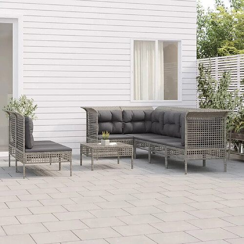 vidaXL Salon de jardin 8 pcs avec coussins Gris Résine tressée