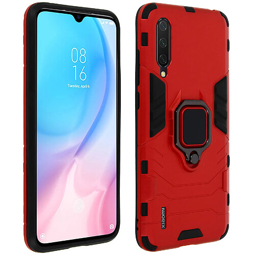 Avizar Coque Xiaomi Mi 9 Lite Bi-matière Bague Métallique Support Vidéo Rouge