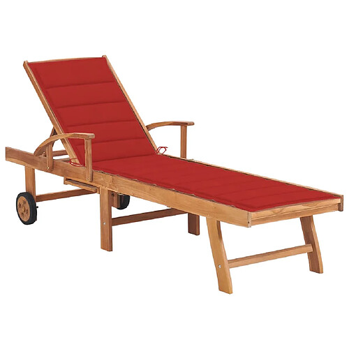 Helloshop26 Transat chaise longue bain de soleil lit de jardin terrasse meuble d'extérieur avec coussin rouge bois de teck solide 02_0012503