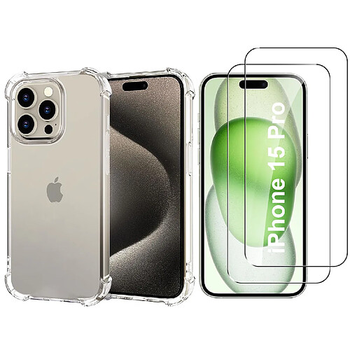 Coque Silicone Transparente Angles Renforces + 2 Verres Trempes Pour iPhone 15 Pro Little Boutik©