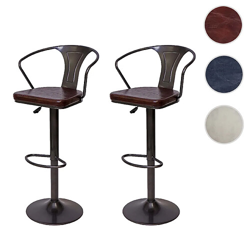 Mendler 2x Tabouret de bar HWC-H10b,réglable en hauteur,avec accoudoirs,pivotant,style industriel~vintage noir-marron