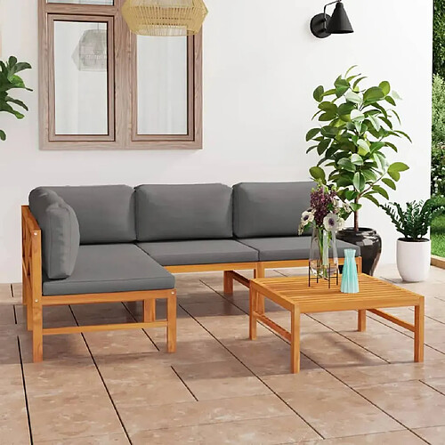 vidaXL Salon de jardin 5 pcs avec coussins gris Bois de teck solide