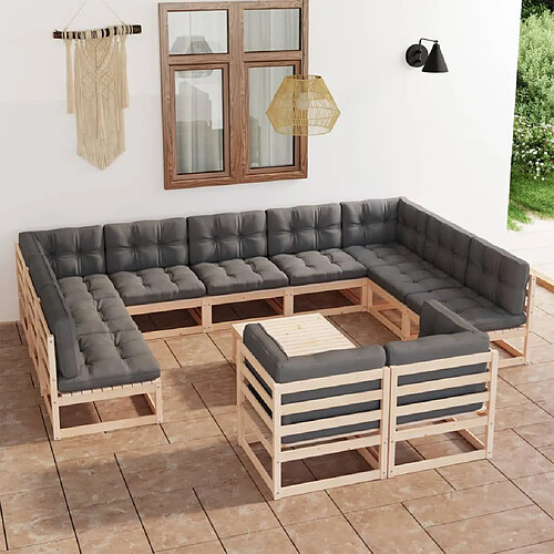 vidaXL Salon de jardin 12 pcs avec coussins Bois de pin massif