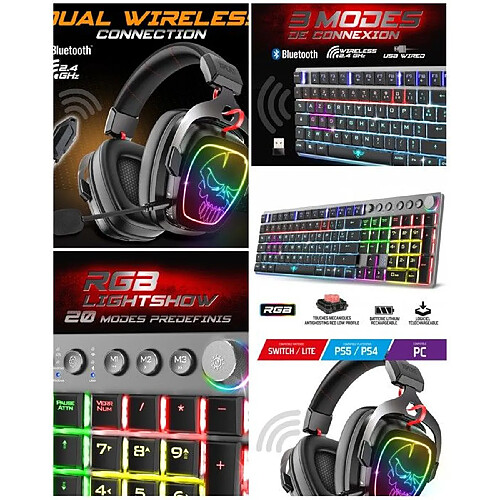 Casque 7.1 Sans fil VIRTUAL SURROUND SOUND SPIRIT OF GAMER RGB Bluetooth Multi plateformes + CLAVIER SANS FIL mécanique RF 2.4 GHz B